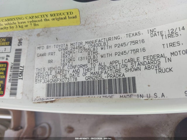 Aukcja sprzedaży 2015 Toyota Tacoma Prerunner V6, vin: 5TFJU4GN6FX073178, numer aukcji: 46160471