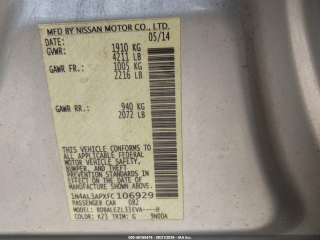 Продажа на аукционе авто 2015 Nissan Altima 2.5 S, vin: 1N4AL3APXFC106929, номер лота: 46160476