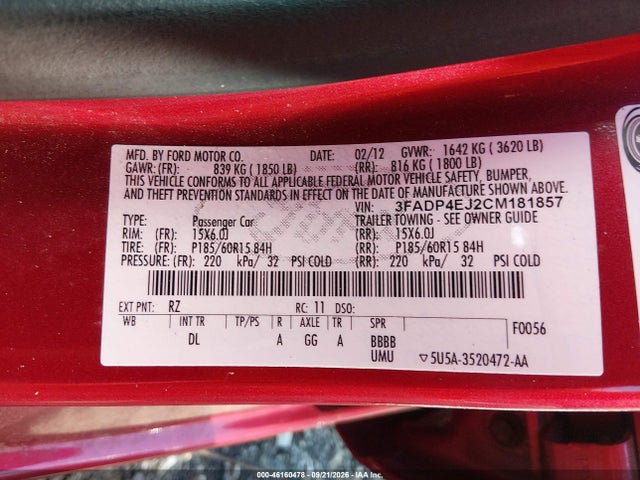 2012 Ford Fiesta Se მანქანა იყიდება აუქციონზე, vin: 3FADP4EJ2CM181857, აუქციონის ნომერი: 46160478