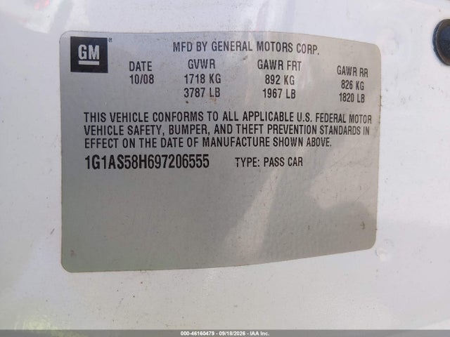 46160479 :رقم المزاد ، 1G1AS58H697206555 vin ، 2009 Chevrolet Cobalt Ls مزاد بيع