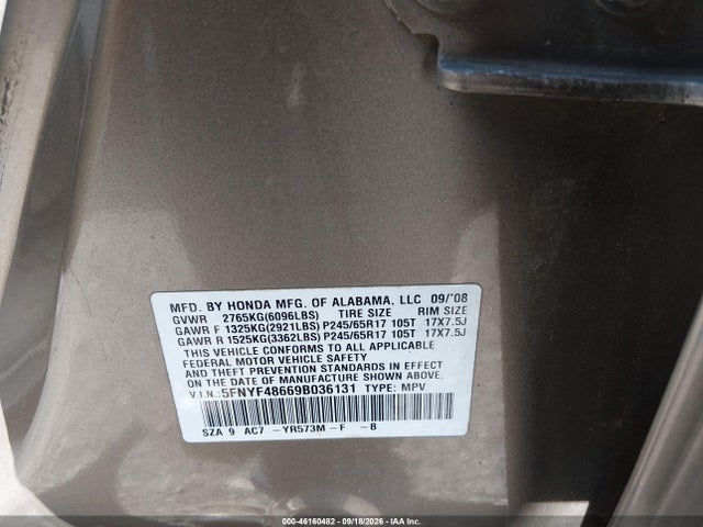 Aukcja sprzedaży 2009 Honda Pilot Ex-l, vin: 5FNYF48669B036131, numer aukcji: 46160482
