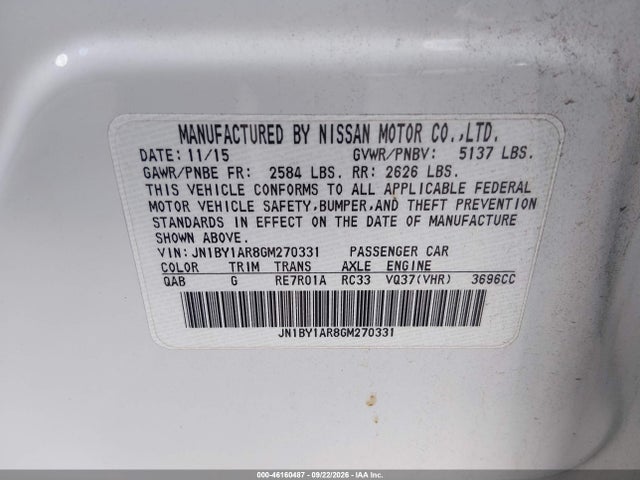 46160487 :رقم المزاد ، JN1BY1AR8GM270331 vin ، 2016 Infiniti Q70 3.7x مزاد بيع