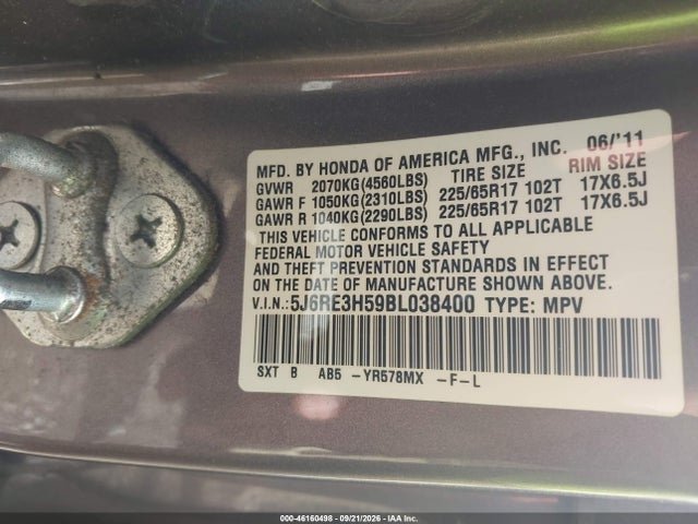 Продаж на аукціоні авто 2011 Honda Cr-v Ex, vin: 5J6RE3H59BL038400, номер лоту: 46160498