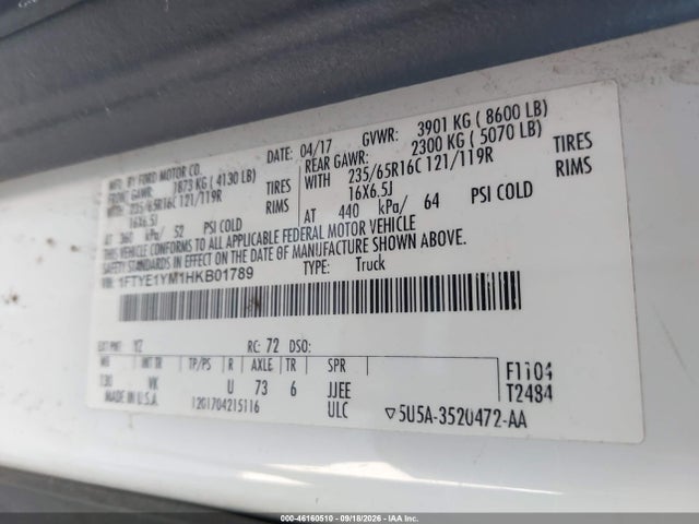 46160510 :رقم المزاد ، 1FTYE1YM1HKB01789 vin ، 2017 Ford Transit-150 مزاد بيع