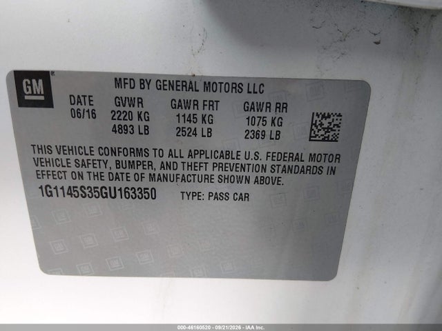 Aukcja sprzedaży 2016 Chevrolet Impala 2lz, vin: 1G1145S35GU163350, numer aukcji: 46160520