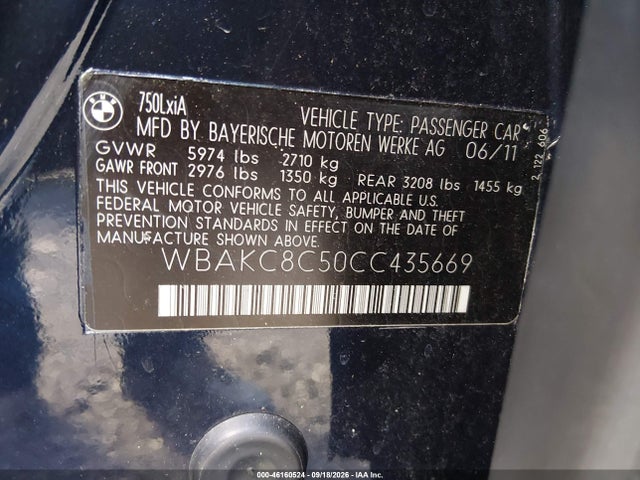 Aukcja sprzedaży 2012 Bmw 750li Xdrive, vin: WBAKC8C50CC435669, numer aukcji: 46160524