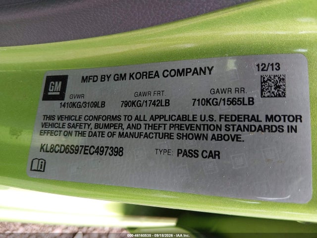46160535 :رقم المزاد ، KL8CD6S97EC497398 vin ، 2014 Chevrolet Spark 1lt Auto مزاد بيع
