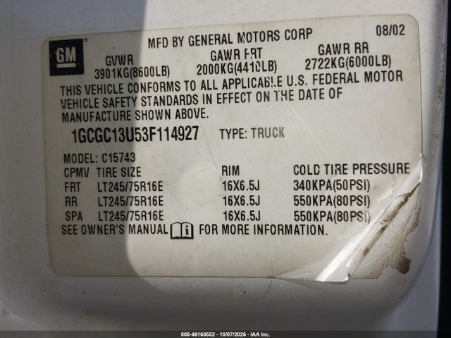 Продаж на аукціоні авто 2003 Chevrolet Silverado 1500hd Ls, vin: 1GCGC13U53F114927, номер лоту: 46160552