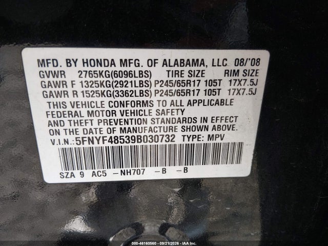 46160560 :رقم المزاد ، 5FNYF48539B030732 vin ، 2009 Honda Pilot Ex-l مزاد بيع