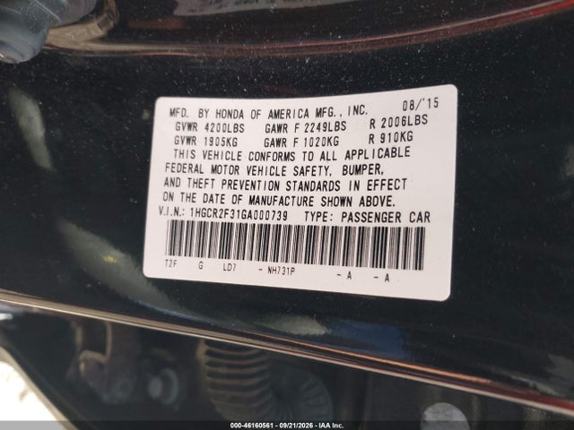 Honda ACCORD LX 2016 1HGCR2F31GA000739 Image 9