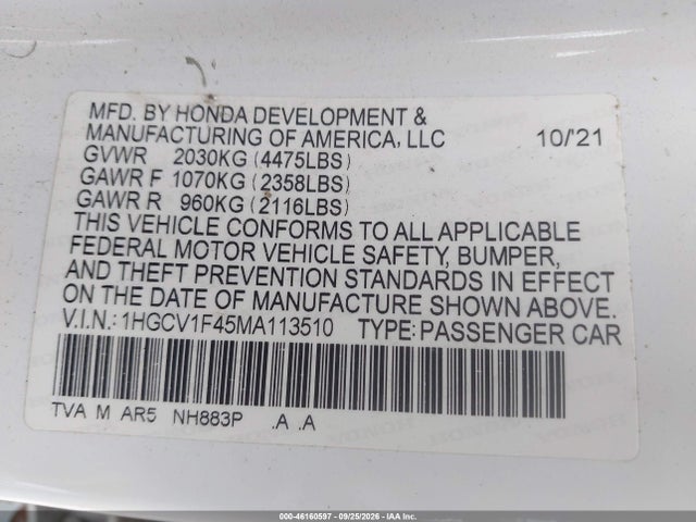 Aukcja sprzedaży 2021 Honda Accord Sport Special Edition, vin: 1HGCV1F45MA113510, numer aukcji: 46160597