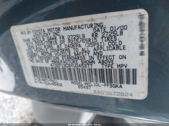 2000 Toyota Sienna Le მანქანა იყიდება აუქციონზე, vin: 4T3ZF13C8YU245377, აუქციონის ნომერი: 46160604