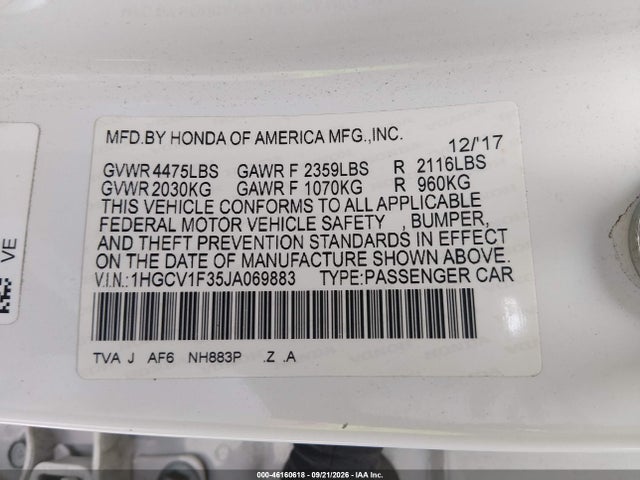 Aukcja sprzedaży 2018 Honda Accord Sport, vin: 1HGCV1F35JA069883, numer aukcji: 46160618