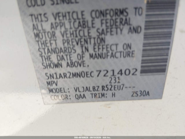 2014 Nissan Pathfinder S მანქანა იყიდება აუქციონზე, vin: 5N1AR2MN0EC721402, აუქციონის ნომერი: 46160626