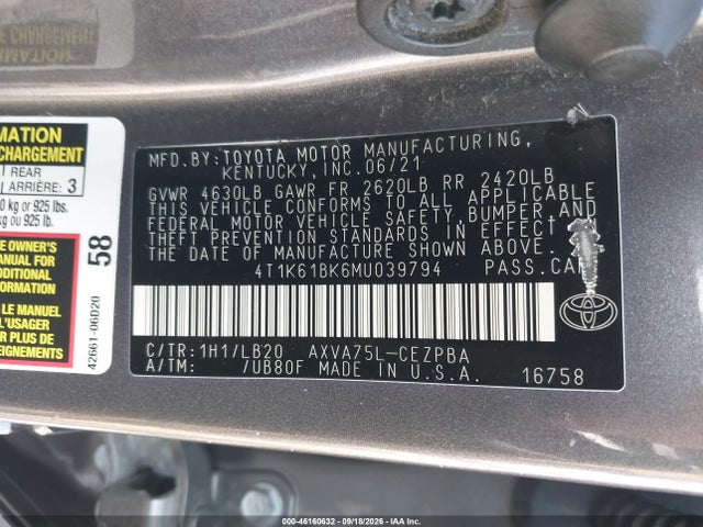 Продаж на аукціоні авто 2021 Toyota Camry Xse Awd, vin: 4T1K61BK6MU039794, номер лоту: 46160632