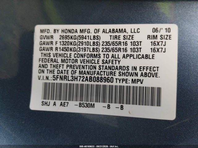 2010 Honda Odyssey Ex-l მანქანა იყიდება აუქციონზე, vin: 5FNRL3H72AB088960, აუქციონის ნომერი: 46160633