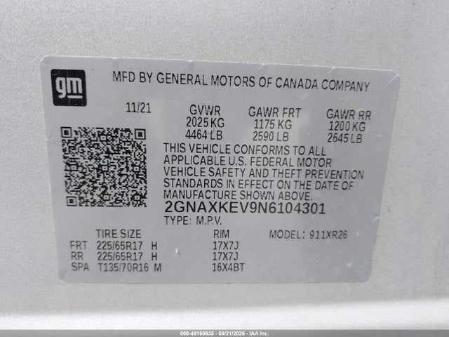 Aukcja sprzedaży 2022 Chevrolet Equinox Fwd Lt, vin: 2GNAXKEV9N6104301, numer aukcji: 46160635