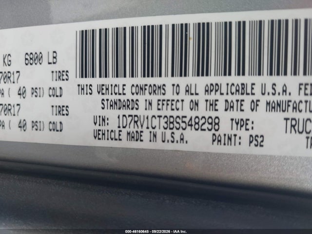 Продаж на аукціоні авто 2011 Ram Ram 1500 Slt, vin: 1D7RV1CT3BS548298, номер лоту: 46160645