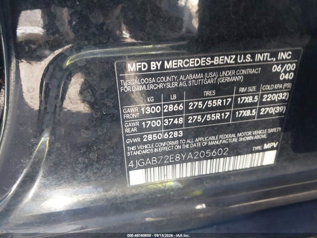 Продаж на аукціоні авто 2000 Mercedes-benz Ml 430, vin: 4JGAB72E8YA205602, номер лоту: 46160655