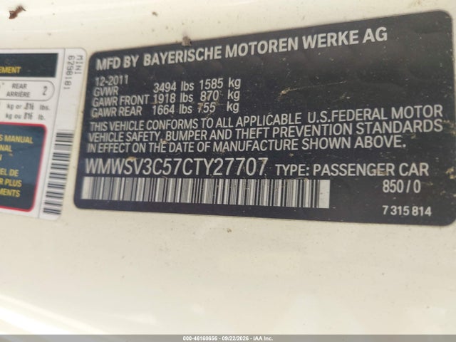 46160656 :رقم المزاد ، WMWSV3C57CTY27707 vin ، 2012 Mini Cooper S مزاد بيع