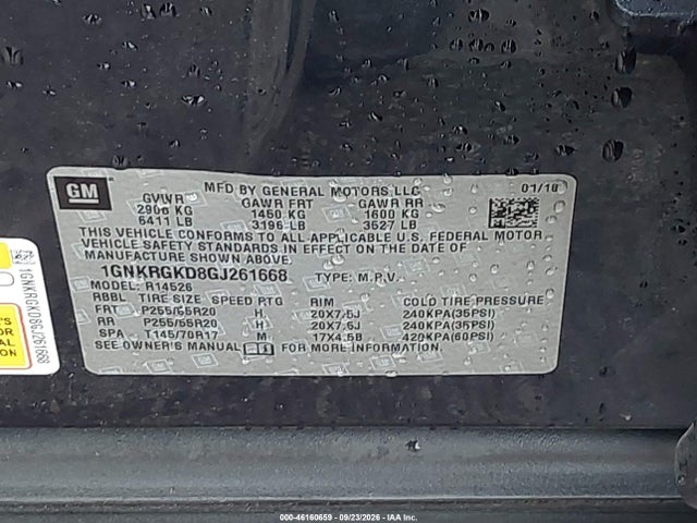 46160659 :رقم المزاد ، 1GNKRGKD8GJ261668 vin ، 2016 Chevrolet Traverse 1lt مزاد بيع