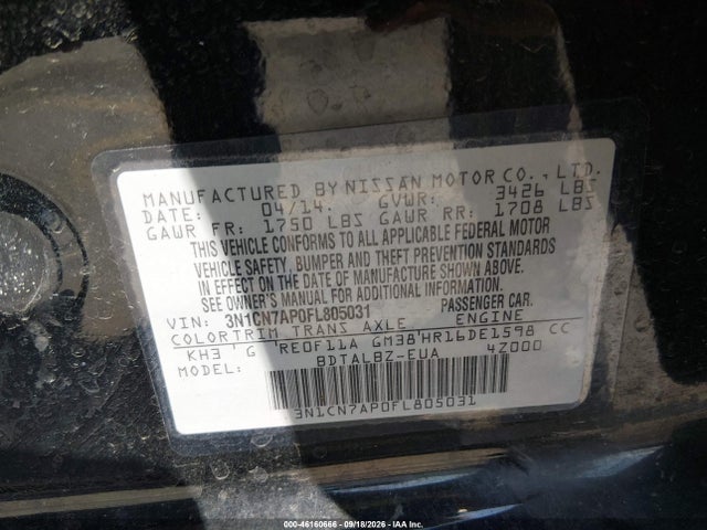 Aukcja sprzedaży 2015 Nissan Versa 1.6 Sv, vin: 3N1CN7AP0FL805031, numer aukcji: 46160666