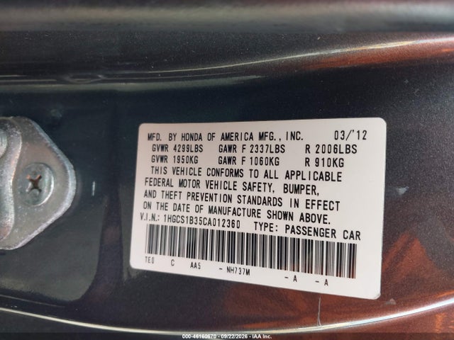 Продажа на аукционе авто 2012 Honda Accord 2.4 Lx-s, vin: 1HGCS1B35CA012360, номер лота: 46160670