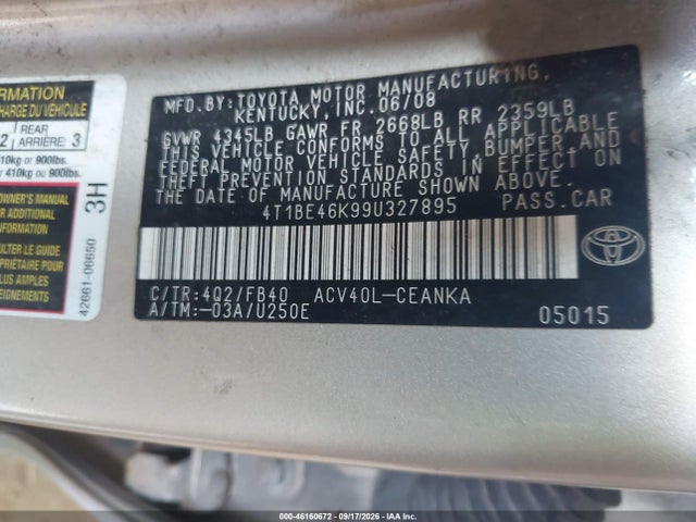 Продажа на аукционе авто 2009 Toyota Camry Le, vin: 4T1BE46K99U327895, номер лота: 46160672
