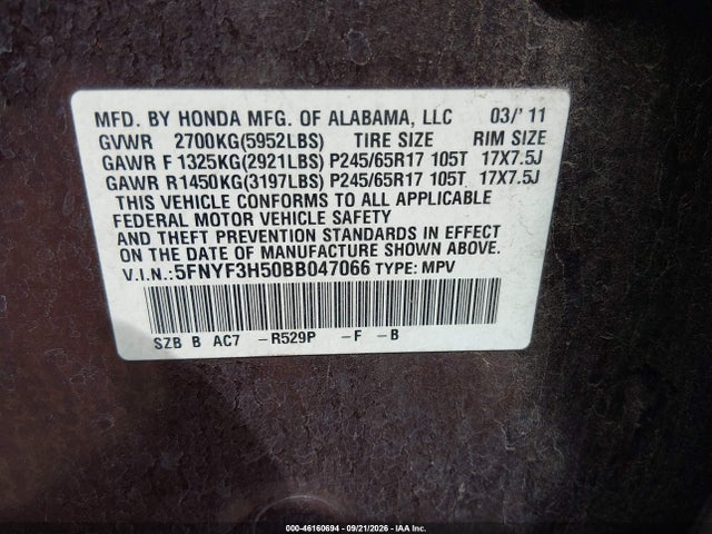 Продажа на аукционе авто 2011 Honda Pilot Ex-l, vin: 5FNYF3H50BB047066, номер лота: 46160694