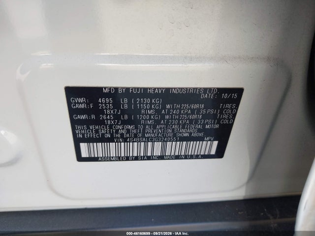 Subaru Outback 2.5i Limited 2016 4S4BSALC3G3240551 Image 9
