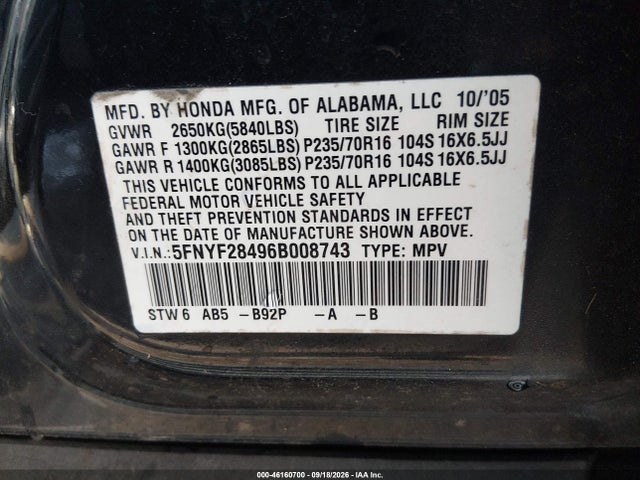 46160700 :رقم المزاد ، 5FNYF28496B008743 vin ، 2006 Honda Pilot Ex مزاد بيع