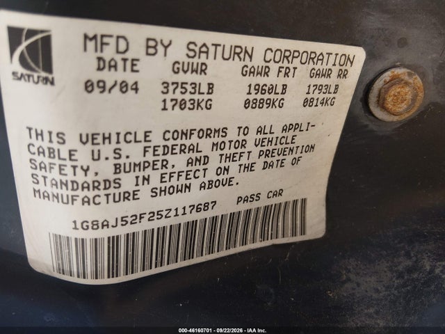 46160701 :رقم المزاد ، 1G8AJ52F25Z117687 vin ، 2005 Saturn Ion 2 مزاد بيع