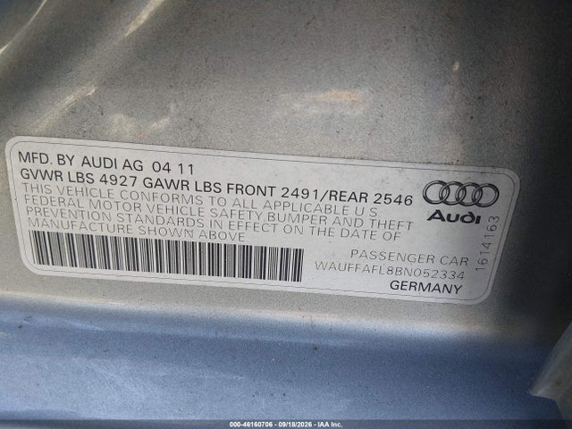 46160706 :رقم المزاد ، WAUFFAFL8BN052334 vin ، 2011 Audi A4 2.0t Premium مزاد بيع