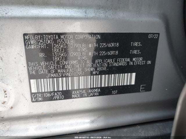 Aukcja sprzedaży 2022 Toyota Rav4 Prime Se, vin: JTMAB3FV9ND102951, numer aukcji: 46160710