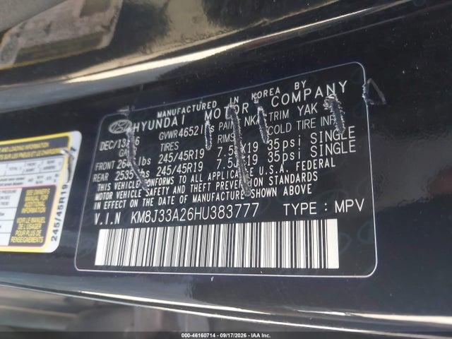 46160714 :رقم المزاد ، KM8J33A26HU383777 vin ، 2017 Hyundai Tucson Limited مزاد بيع