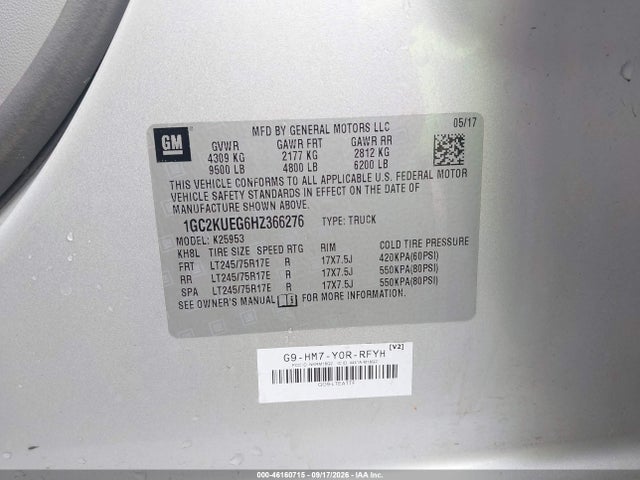 46160715 :رقم المزاد ، 1GC2KUEG6HZ366276 vin ، 2017 Chevrolet Silverado 2500hd Wt مزاد بيع