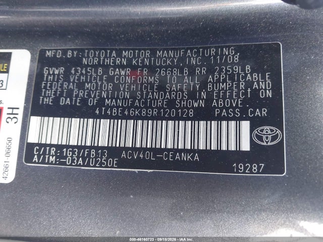 Продаж на аукціоні авто 2009 Toyota Camry Le, vin: 4T4BE46K89R120128, номер лоту: 46160723