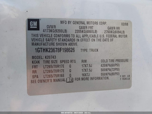 46160724 :رقم المزاد ، 1GTHK23678F198626 vin ، 2008 Gmc Sierra 2500hd Slt مزاد بيع