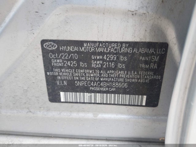 Продажа на аукционе авто 2011 Hyundai Sonata Se, vin: 5NPEC4AC4BH188606, номер лота: 46160728