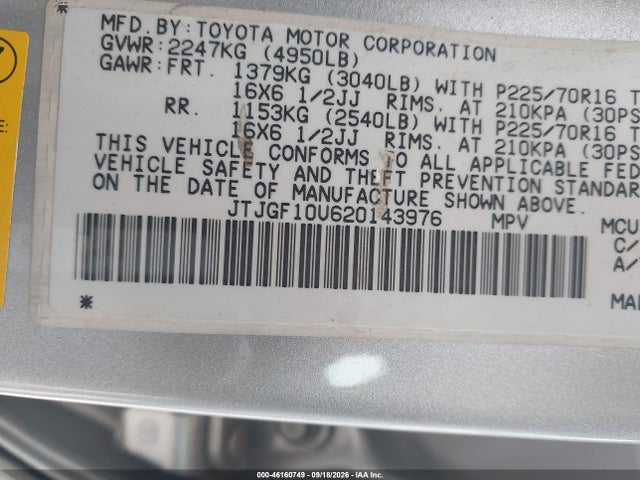 Aukcja sprzedaży 2002 Lexus Rx 300, vin: JTJGF10U620143976, numer aukcji: 46160749