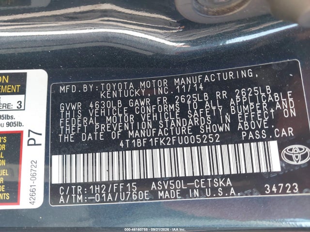 2015 Toyota Camry Se მანქანა იყიდება აუქციონზე, vin: 4T1BF1FK2FU005252, აუქციონის ნომერი: 46160755