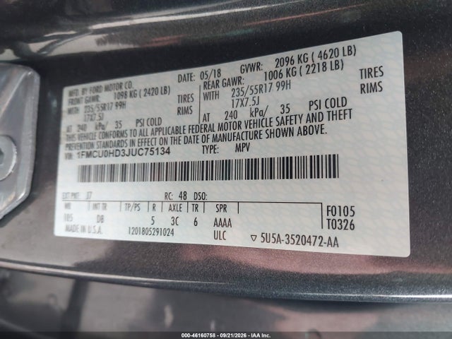Продаж на аукціоні авто 2018 Ford Escape Sel, vin: 1FMCU0HD3JUC75134, номер лоту: 46160758