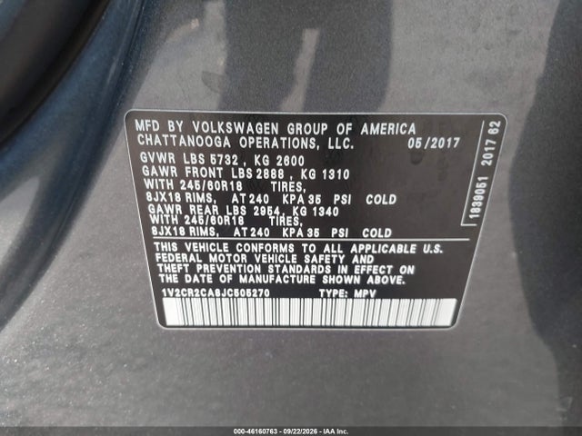 46160763 :رقم المزاد ، 1V2CR2CA8JC505270 vin ، 2018 Volkswagen Atlas 3.6l V6 Se مزاد بيع