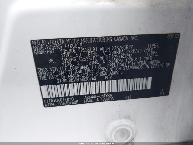 Aukcja sprzedaży 2013 Toyota Rav4 Le, vin: 2T3BFREV5DW020262, numer aukcji: 46160776