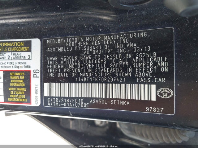 46160781 :رقم المزاد ، 4T4BF1FK7DR297421 vin ، 2013 Toyota Camry Le مزاد بيع