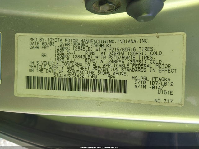 Aukcja sprzedaży 2004 Toyota Sienna Xle, vin: 5TDZA22C84S017560, numer aukcji: 46160784