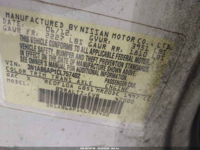 Aukcja sprzedaży 2012 Nissan Sentra 2.0 Sr, vin: 3N1AB6AP1CL757402, numer aukcji: 46160799