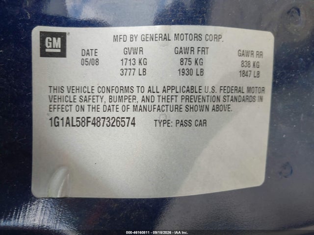Aukcja sprzedaży 2008 Chevrolet Cobalt Lt, vin: 1G1AL58F487326574, numer aukcji: 46160811