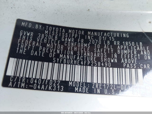 Aukcja sprzedaży 2015 Toyota Corolla S Plus, vin: 5YFBURHE4FP258490, numer aukcji: 46160820