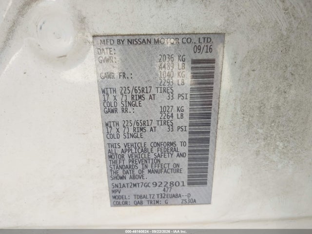 Aukcja sprzedaży 2016 Nissan Rogue Sv, vin: 5N1AT2MT7GC922801, numer aukcji: 46160824